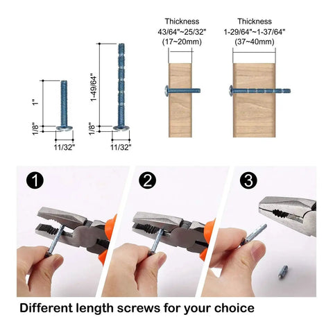 Diagram of different screw lengths and usage for Champagne Bronze Zinc Alloy Knurled Dresser Knobs 20 Pack Cabinet Hardware For Cabinets And Drawers Durable Solid Knob Handles For Furniture Dressers And Home Decor.