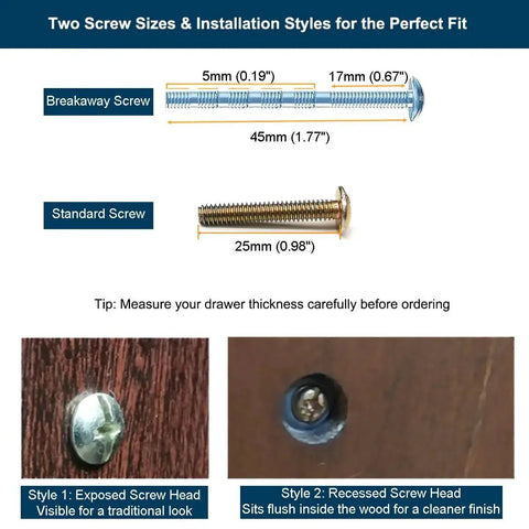 Two screw options for 4 Pack Antique Brass Bail Drawer Pulls Oval Drop Swing Handles with measurements and installation styles.