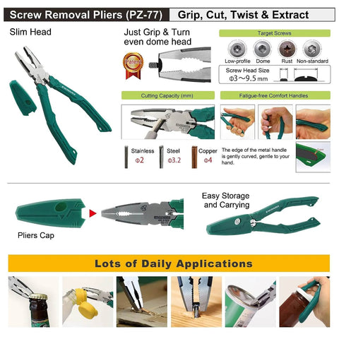 Screw removal pliers with slim head, comfortable handles, and cap for easy storage, shown in various applications and target screw sizes.