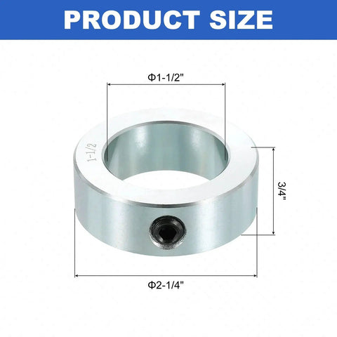 Four Piece Set Screw Shaft Collars By Uxcell, 1-1/2 inch bore, 2-1/4 inch OD, 3/4 inch width, zinc plated carbon steel, product size.