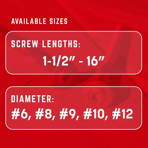 Available sizes chart for 5/16 x 6 Inch RSS Rugged Structural Screws, Heavy Duty Lag Screw Alternative with Zip Tip Technology