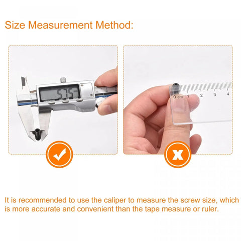 Digital caliper measuring ball point set screws M6 x 12mm next to a tape measure with precise size measurement method shown.