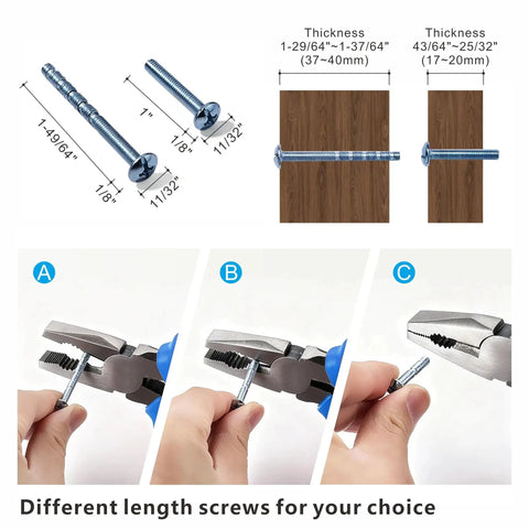 Different length screws with thickness options and installation demonstration for cabinet pulls.