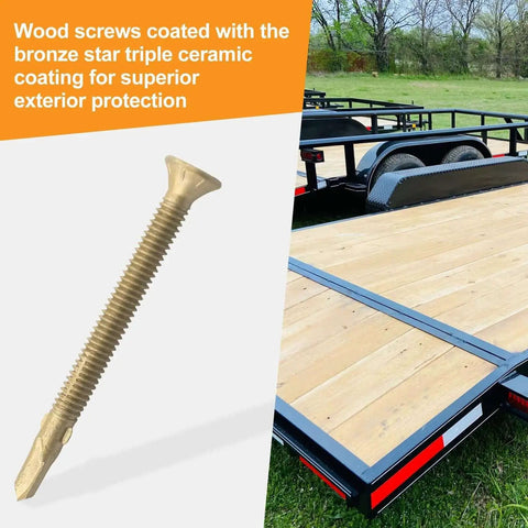 Twelve By Two And A Half Inch Reamer Tek Screws For Wood To Metal With Torx T25 Drive Self Drilling For Trailers Flatbeds Trucks Docks And More Fifty Pieces shown beside wood deck trailer.
