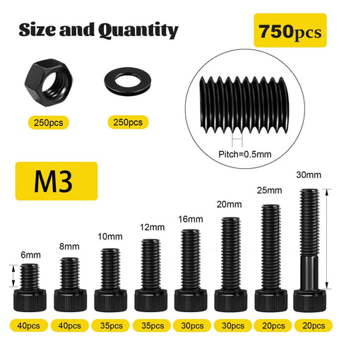 750PCS M3 Screws Assortment Kit showing screws, nuts, washers in various sizes, 12.9 alloy steel, black zinc plated for 3D printer, DIY