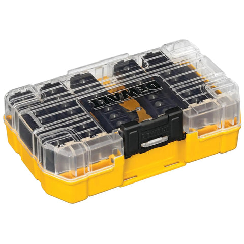 Screwdriver Bit Set With Tough Case 45-Piece Kit DW2166 Grey And Silver, clear lid, clip latch, yellow and black case.