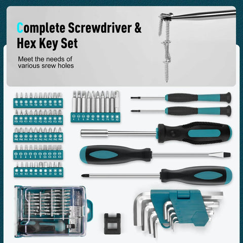 379-Piece Home Tool Kit With Portable Drawer Case For Household And Auto Repairs, display of screwdrivers and hex keys