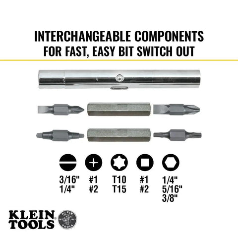 11 In 1 Screwdriver And Nut Driver Set With 8 Bits Including Phillips Slotted Torx And Square, shown with interchangeable tips and sizes.