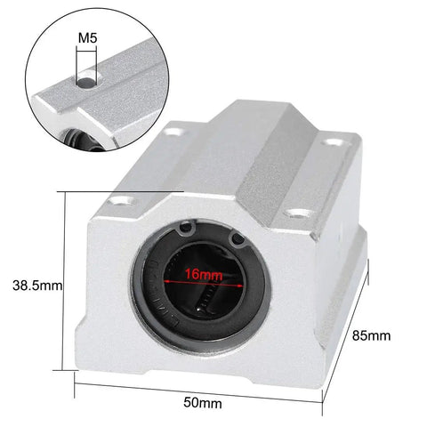 SCS16LUU Linear Ball Bearing Slide Block Unit 16mm Bore, aluminum alloy housing, 85x50mm dimensions, close-up with size details