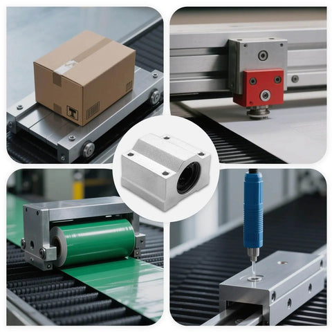✝️ 4Pcs SCS8UU Linear Motion Ball Bearing Slide Block ID 8mm Aluminum Bushing Linear Rail Support Guide Shaft Bearing for Printer Parts 4 Pack for CNC axis motion, anti-backlash setup, and smoother linear travel under load, 4-pack replacement made displayed on machinery and parts setup.