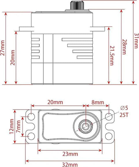 Technical drawing of High Torque 8.5KG SCX24 Servo with Mount and Servo Horn for SCX24 1/24 RC Crawler Upgrades Parts (8.5KG).