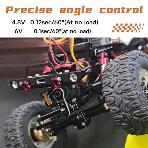 Close-up of installed Miuzei 12g Servo Motor Metal Gear Digital RC Steering on AXIAL SCX24, showcasing precise angle control.
