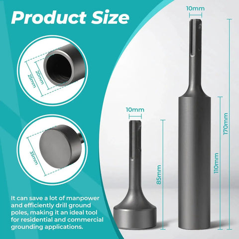 Go To SDS Plus Ground Rod Driver Set For Five Eighths And Three Quarters Inch Ground Rods product sizes and dimensions display