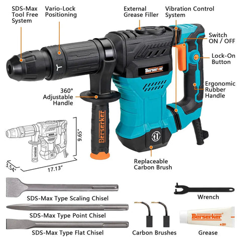 Powerful 1300W SDS Max Demolition Hammer Delivers Fast Concrete Breaking and Floor Tile Removal With 12 Pound Weight, 4100 BPM, and 15 Joules of Impact Energy, Ideal for Renovation, Construction, and Masonry Chipping With Carrying Case and Three Chisels, with labeled features and accessories.