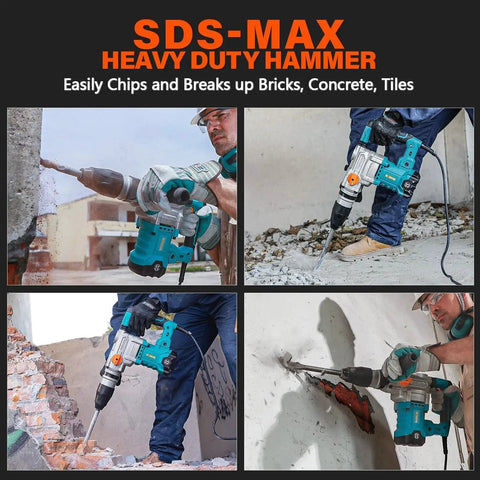 Heavy Duty SDS Max Rotary Hammer Drill with 13 Amp Motor used for drilling concrete and masonry, includes drill bits and chisels.