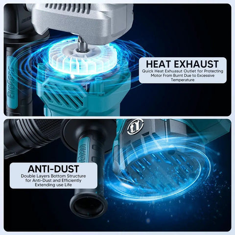 Heat exhaust and anti-dust features of Lightweight SDS-Max demolition hammer for efficient concrete breaking with 11 Amp power