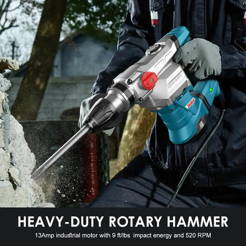 Powerful SDS-Max rotary hammer with 9 ft-lbs impact, 13A motor, three modes for concrete, shown in action on masonry work.