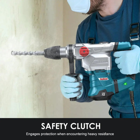 Person using Powerful SDS-Max rotary hammer with 9 ft-lbs impact, 13A motor, three modes for concrete work, close-up view
