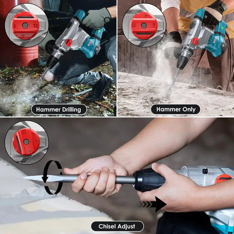Powerful SDS-Max rotary hammer with 9 ft-lbs impact, 13A motor, and three modes, in use on concrete and masonry surfaces