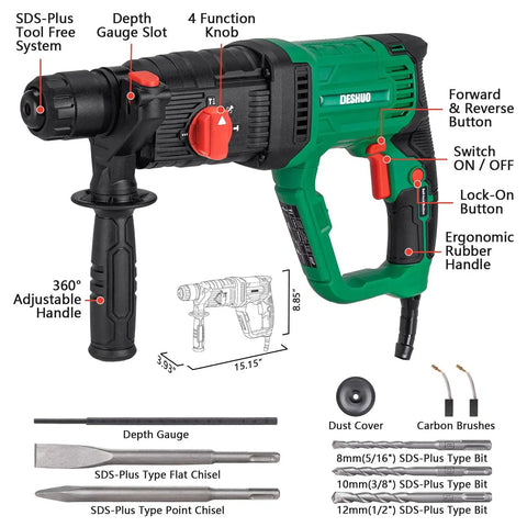 Powerful 1 inch SDS-Plus lightweight rotary hammer drill with a 9 Amp motor, 0-1100 RPM, 0-5300 BPM, 4 modes shown with accessories