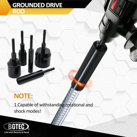Heavy Duty 5/8 Inch Ground Rod Driver Bit For All SDS Plus Rotary Hammer Drills BGTEC 40Cr Steel Build, showing impact capability