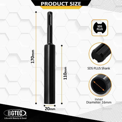 Heavy Duty 5/8 Inch Ground Rod Driver Bit For All SDS Plus Rotary Hammer Drills BGTEC, showing size details and steel build.