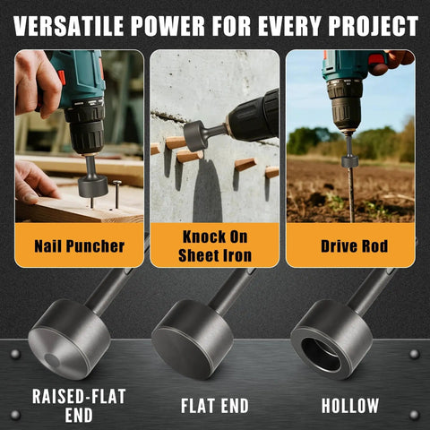 SDS Plus Ground Rod Driver Hammer Drill Attachment demonstrating versatility for nailing, sheet iron, and rod driving.