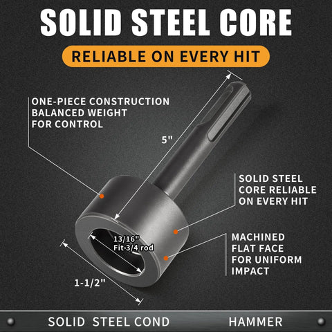 Image of SDS Plus Ground Rod Driver Hammer Drill Attachment highlighting solid steel core and dimensions for precise driving.