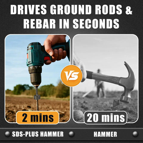 Comparison of SDS Plus Ground Rod Driver and regular hammer driving rods in construction project.