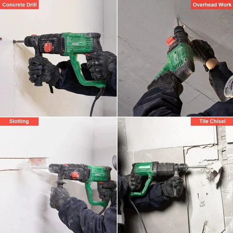 Powerful 1 inch SDS-Plus lightweight rotary hammer drill with a 9 Amp motor, 0-1100 RPM, 0-5300 BPM, and 4 modes in use.