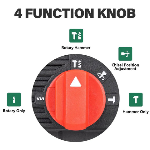 4 function knob for powerful 1 inch SDS-Plus lightweight rotary hammer drill with a 9 Amp motor, 4 modes visible