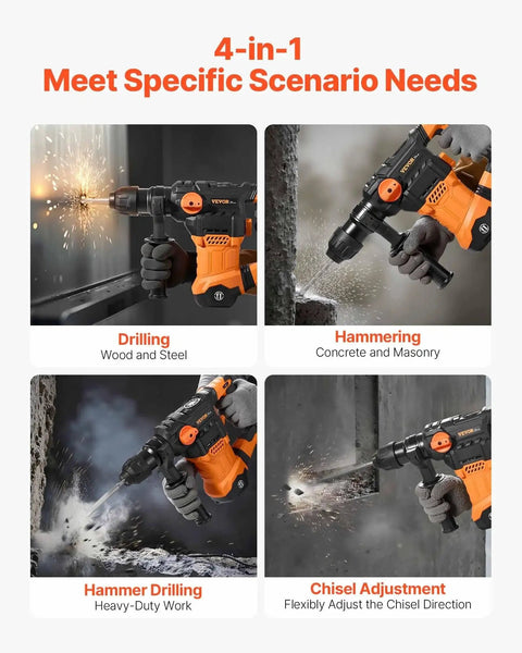 Powerful 1-1/4 inch SDS-Plus rotary hammer with 13A motor and 5.5J impact in various modes, showcasing drilling and chiseling