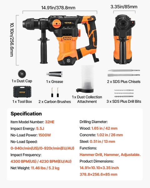 Powerful 1-1/4 inch SDS-Plus rotary hammer with 13A motor and 5.5J impact, accessories included, shown with detailed specifications.