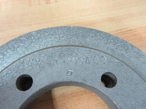 Close-up of compact SDS pulley with 5 inch outer diameter and 2-1/8 inch bore, marked Max RPM 5400 on metal surface.