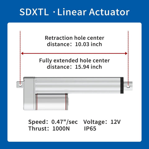 SDXTL linear actuator with mounting brackets; silver cylinder with motor on left, rod extends right; 12V, 1000N.