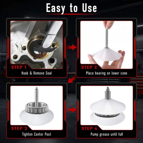 Step-by-step image showing the Heavy Duty Seal Puller Tool And Bearing Packer Kit For Wheel Hubs 2 In 1 Pro Grade Universal Gasket Remover Set.