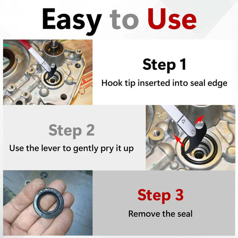 Seal Puller Tool, Oil Seal Removal Tool with Dual Hook in use, showing step-by-step removal process for oil and grease seals.