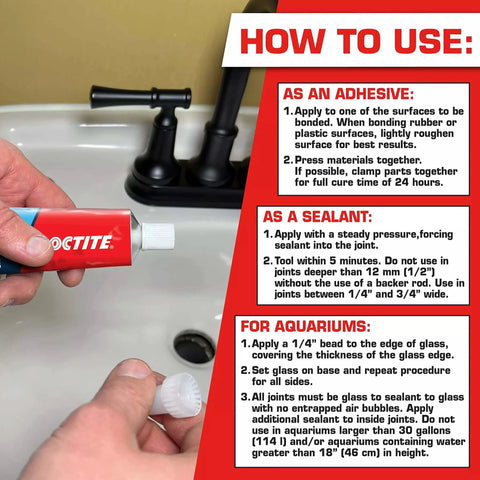 Instructions for using Clear Silicone Sealant All-Purpose Waterproof Adhesive 2.7 Fl Oz Tube for various applications.