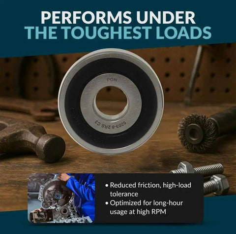 Four Pack 6203 2RS sealed ball bearing displayed with tools, chrome steel for high RPM performance, in workshop setting