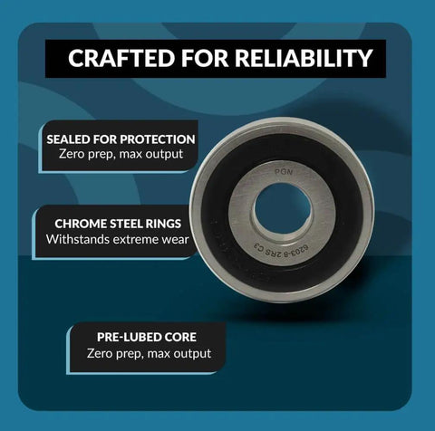 Front view of Four Pack 6203 2RS Sealed Ball Bearings Chrome Steel Lubricated for High RPM performance.