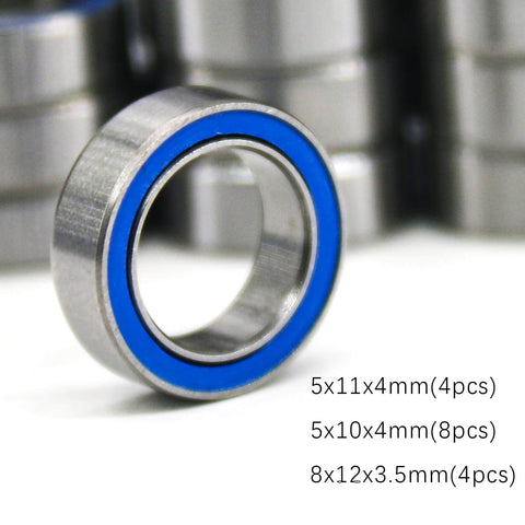 Close-up of a TT02 Sealed Ball Bearings Kit for 1 to 10 RC Cars, showing a 5x11x4mm blue-sealed bearing with dimensions.