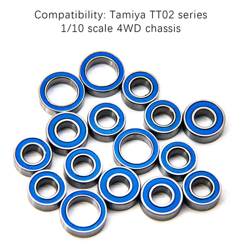 TT02 Sealed Ball Bearings Kit For 1 To 10 RC Cars, 16Pcs Upgrade Set shown with blue seals for TT02 chassis compatibility
