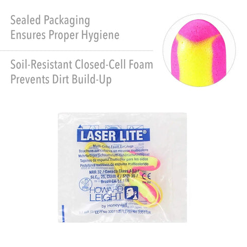 Laser Lite High Visibility Corded Disposable Foam Earplugs 100 Pairs Pink And Yellow For Distinctive Visual Safety NRR 32 packaging