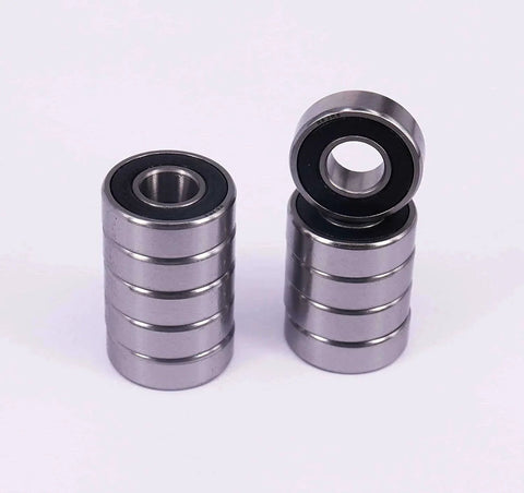 Two stacks of 10 Sealed Bearing R6-2RS 3/8''x 7/8''x 9/32'' Miniature Ball Bearings, chrome-plated with rubber seals.