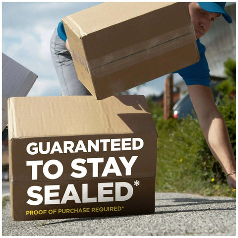 Delivery person carrying boxes sealed with Scotch Heavy Duty Shipping Packing Tape With Dispenser, Clear 1.88 In X 27.7 Yd, 1 Roll.