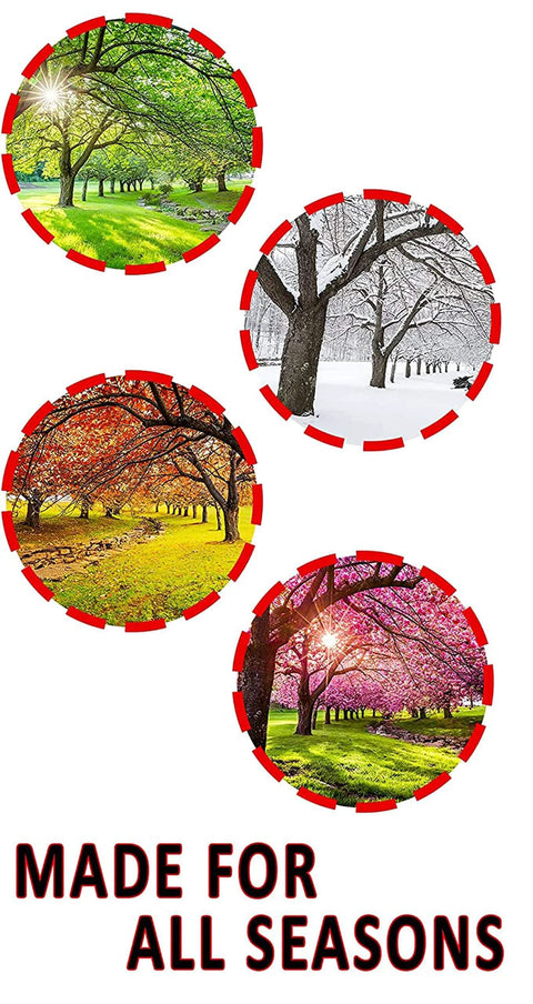 Four circular images showing trees in different seasons: spring, summer, autumn, winter, labeled 'Made for All Seasons'.
