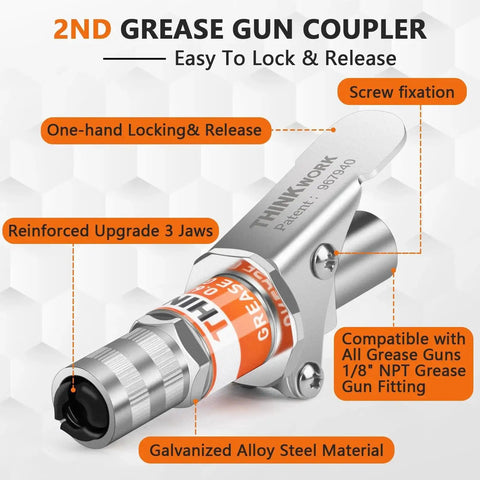 Hands Free Lock On Grease Gun Coupler With Cleaning Tool, 14000 PSI Quick Release, 5/8 Inch Size, universal fit illustrated features