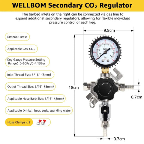 Two Stage CO2 Regulator For Kegs With Split Pressure Control And 0 To 60 PSI Output, showing gauge and brass construction for precise carbonation