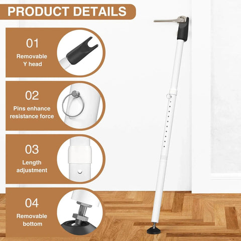 Sliding Glass Door Security Bar, Patio Door Barricade Security Bar, Apartment BarSliding Door Security Bar, Door Jammer, White, 1 Pack in a room showing its adjustable length, removable parts, and installation on a wooden floor.