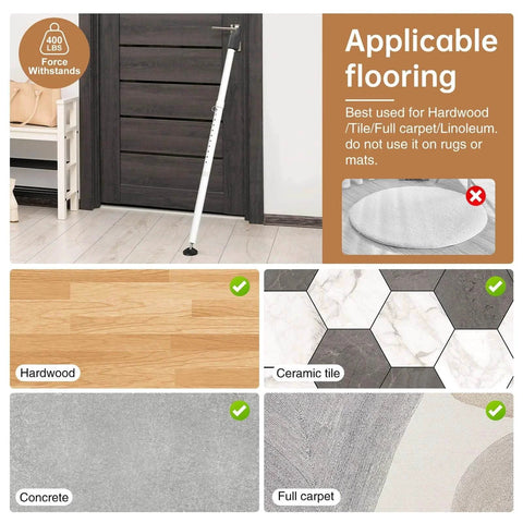 Sliding Glass Door Security Bar on hardwood floor, suitable for concrete, ceramic tile, full carpet surfaces. Not for rugs or mats.